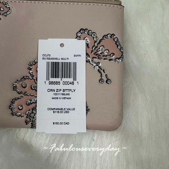 Coach Corner Zip Wristlet With Sparkly Butterfly Print In Leather/Seashell CCJ72 - Picture 3 of 4